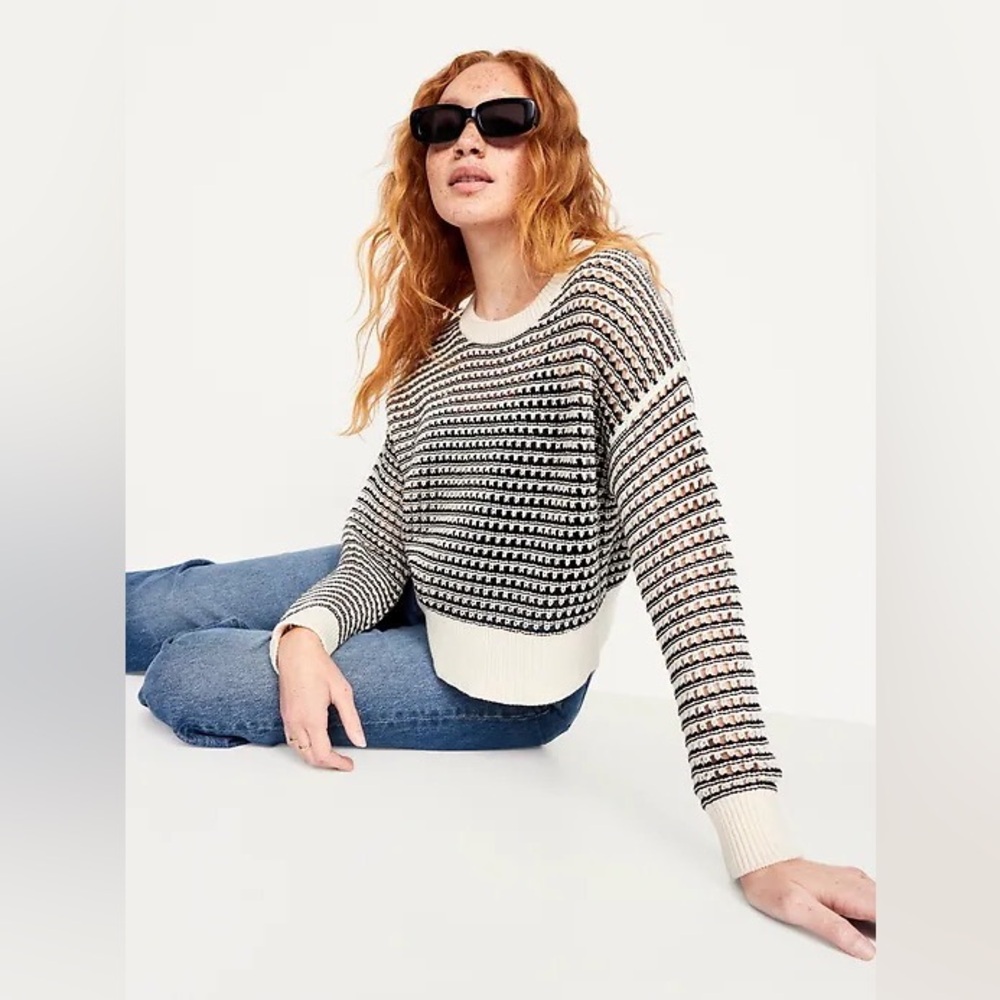 Old Navy Open-Stitch Knit Sweater Black Striped Size Medium Petite Boxy Oversize